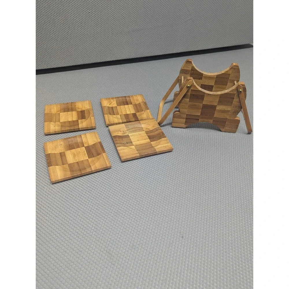 VTG Bamboo Checkerboard Coaster Set w/ Caddy Holder 5 Piece Natural Wood Parquet